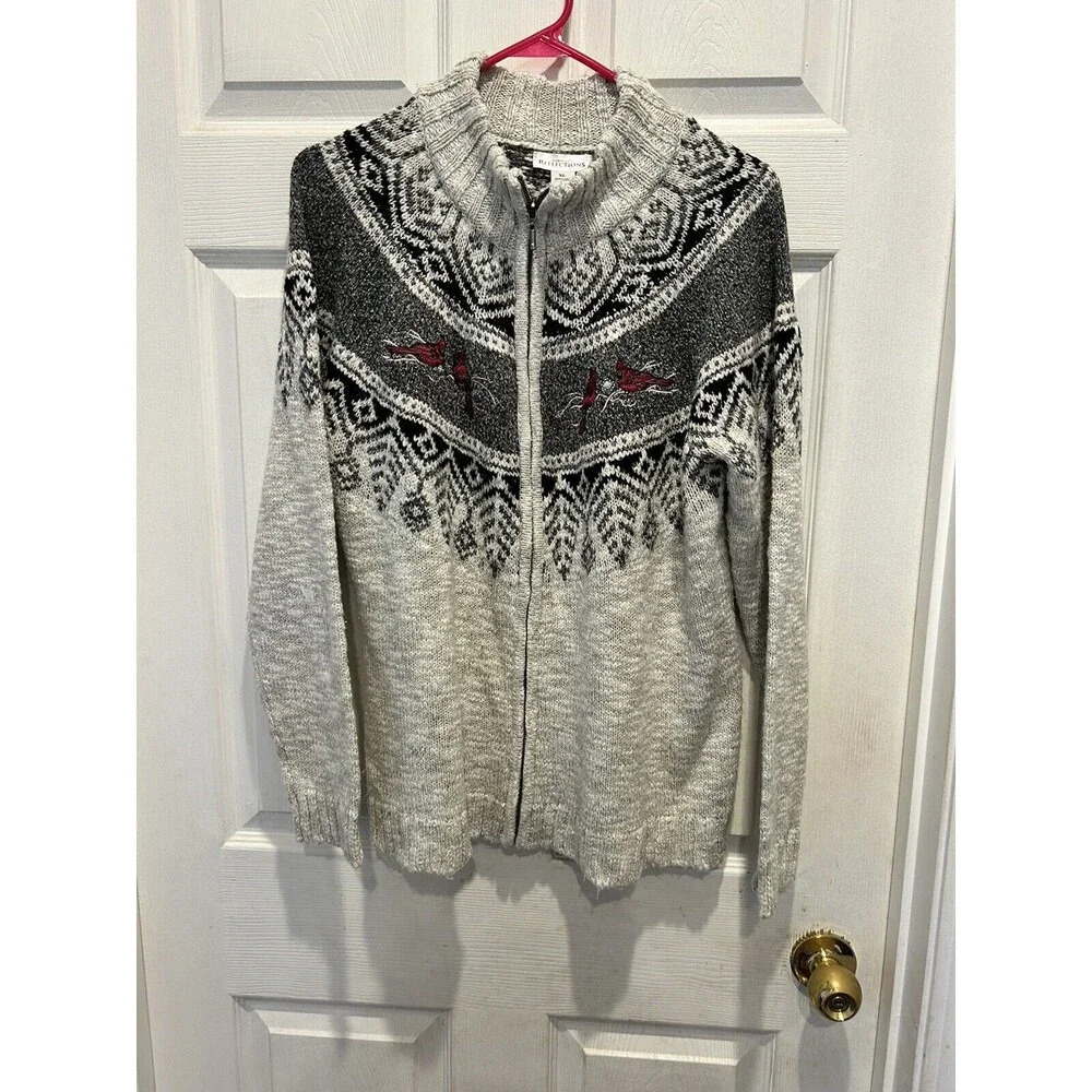 Northern Reflections Sweater‎ Embroidered Cardinals Full Zip Size XL Metallic